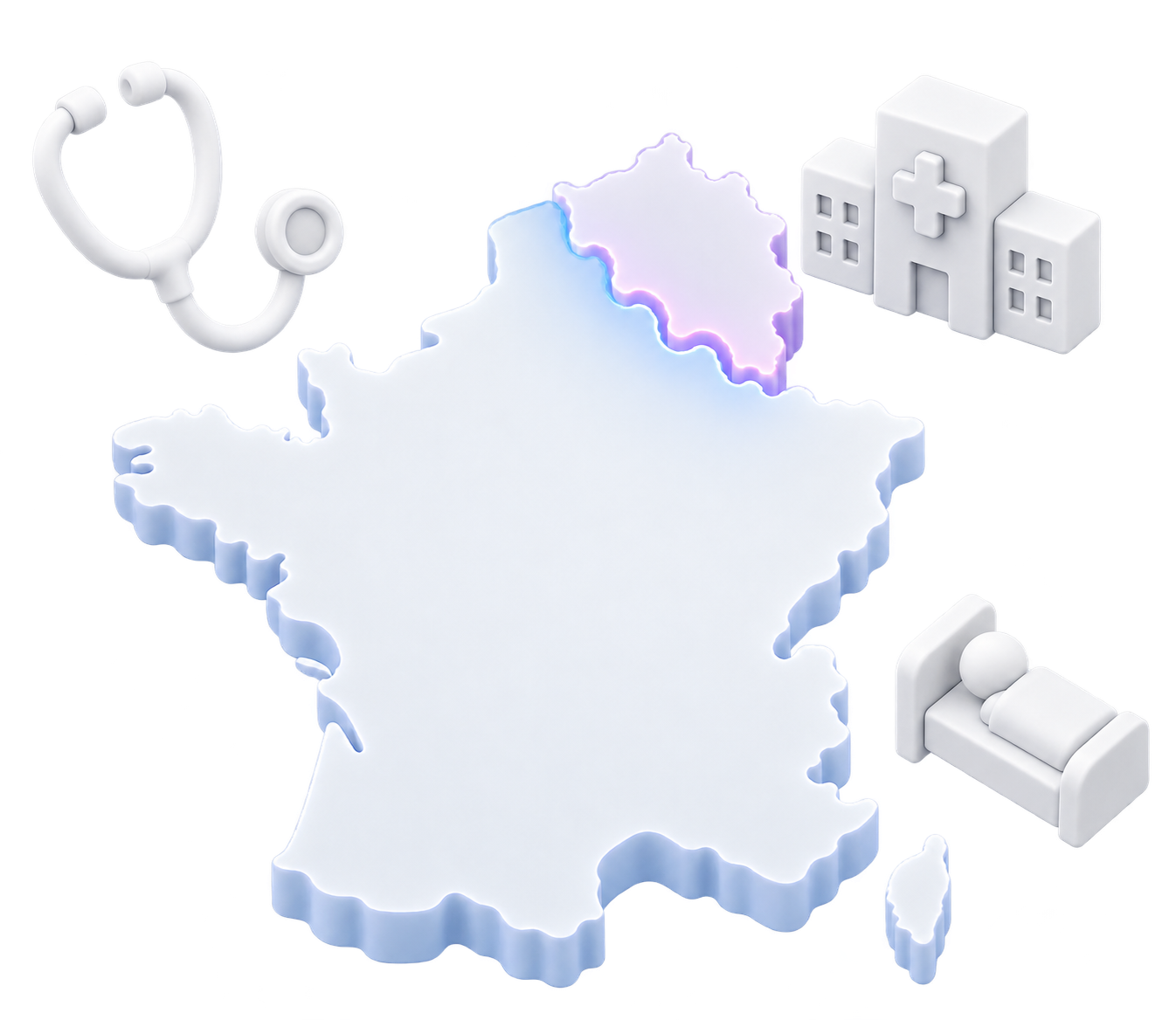 Map of France with Belgium highlighted, next to a stethoscope, a hospital and a hospital bed
